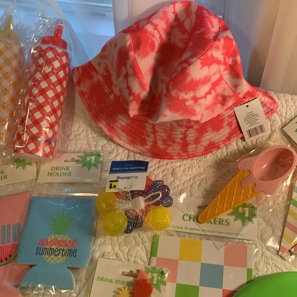 Summertime Party~Shower 27 Piece NEW Banners Hat Games ice cubes Frisbee & more